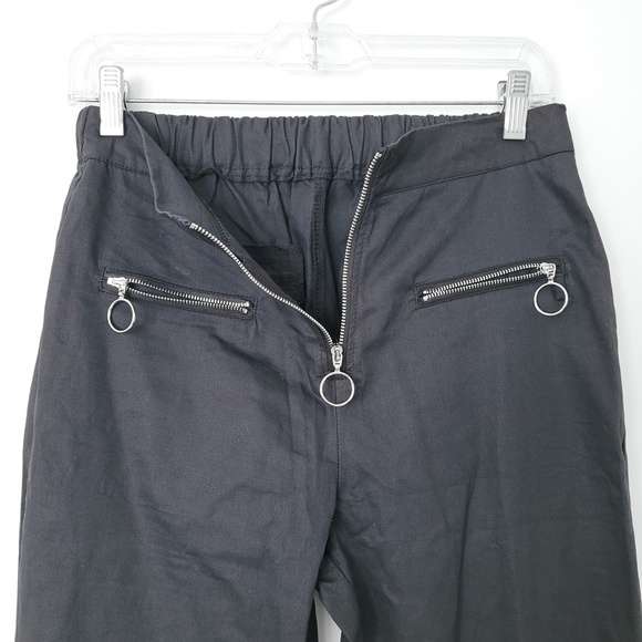 Y2K Black Track Pants Goth Punk Silver Zippers Elastic Waist High Ris Size Large - Picture 8 of 15